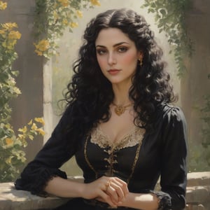 Yennefer of Vengerberg, 1940s, sitting by the garden, upper body frame, facing viewer, hair accessory, blowdry hair, long curly hair, black shoulder peasant crop top, gold filigree, confetti diffuse, painting by Ludwig Deutsch,