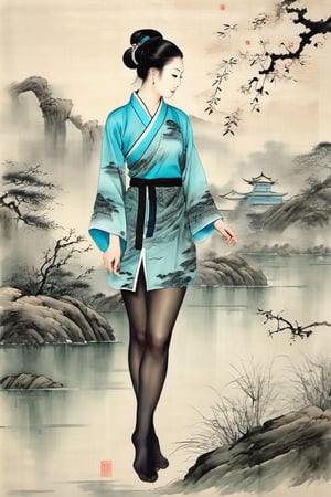 Ancient Chinese traditional ink painting landscape background, Chinese meticulous painting style beautiful woman wearing cyan top, front view, full body view, wearing black pantyhose,chinese_painting,Blackrealstockings