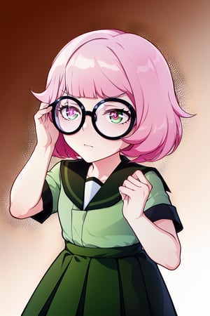 1 girl, solo, Saiki Kusuo, pale pink hair, disheveled hair, sharp hair, short hair, spiky hair, prickly bangs, emotionless face, calm face, no emotions, cold face, Japanese school uniform, short green skirt, white shirt with short arms, green shirt collar, oval glasses, thin-rimmed glasses, black frames, matte lenses, the eyes are not visible behind the lenses of the glasses,

,