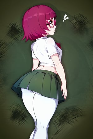 1 girl, solo, Saiki Kusuo, crimson eyes, pale pink hair, disheveled hair, sharp hair, short hair, spiky hair, prickly bangs, emotionless face, calm face, no emotions, cold face, Japanese school uniform, short green skirt, white shirt with short arms, green shirt collar, oval glasses, thin-rimmed glasses, black frames, matte lenses, the eyes are not visible behind the lenses of the glasses, white stockings, black flat shoes, perfect body, plump ass, tight ass, sexy ass, perfect ass, slim waist, thin shoulders, small breasts, moist skin, perfect body, abs, detailed intimate places, slim hips, elastic hips,

,USA,Mrploxykun