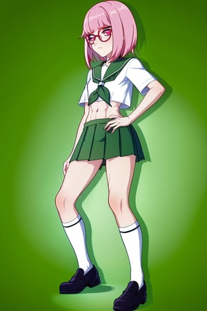 1 girl, solo, Saiki Kusuo, crimson eyes, pale pink hair, disheveled hair, sharp hair, short hair, spiky hair, prickly bangs, emotionless face, calm face, no emotions, cold face, Japanese school uniform, short green skirt, white shirt with short arms, green shirt collar, oval glasses, thin-rimmed glasses, black frames, matte lenses, the eyes are not visible behind the lenses of the glasses, white stockings, black flat shoes, perfect body, slim waist, thin shoulders, small breasts, moist skin, perfect body, abs, slim hips, elastic hips,

,USA,Mrploxykun