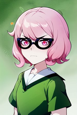 1 girl, solo, Saiki Kusuo, pale pink hair, disheveled hair, pointed hair, short hair, crimson eyes, emotionless face, calm face, frowning eyes, Japanese school uniform, short green skirt, white shirt with short arms, green shirt collar, oval glasses, thin-rimmed glasses, black frame,

,