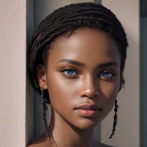 Masterpiece photo of a light-skinned black woman with blue eyes, ultrarealistic, raw, amazing, closed mouth, authentic, 32k resolution, EOS R3 camera, XXMix_realisticSDXL, bul4, er 





