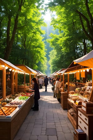 An image of a fairy market, as imagined from our conversation. This market is a whimsical and enchanting place, filled with vibrant colors and magical energy. The stalls are crafted from natural materials like leaves, flowers, and vines, blending seamlessly into the surrounding enchanted forest. The vendors are fairies, each with their unique appearance, selling a variety of magical items, from glowing potions and enchanted jewelry to mystical artifacts and rare ingredients. The air is filled with the soft glow of fairy lights, the tinkling of delicate music, and the flutter of fairy wings. The atmosphere is joyful and lively, with fairies and other mystical creatures mingling and trading in good spirits. The background is a lush, magical forest, with towering trees and a canopy that filters the sunlight into a kaleidoscope of colors, creating a dreamlike and otherworldly ambiance,