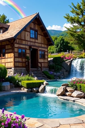 The wooden house by the pool under the small waterfall, the big waterwheel next to the wooden house, the faint rainbow and flowers by the water, medieval European style, sunny summer, realistic style, peak art, aesthetic, hyper detailed, super intricate, vibrant colors, vivid color,