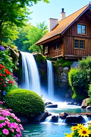 The wooden house by the pool under the small waterfall, the big waterwheel next to the wooden house, the faint rainbow and flowers by the water, medieval European style, sunny summer, realistic style, peak art, aesthetic, hyper detailed, super intricate, vibrant colors, vivid color,