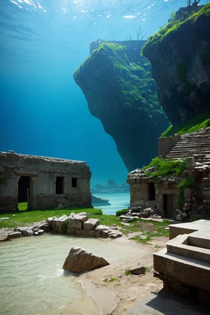 ancient ruins underwater, (in the distance, from afar), abyss,  highly detailed, photo realistic, realism, raw photo,