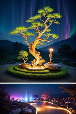 masterpiece, intricate detail, absurd, 4k,
a truly enchanting and magical scene. wonderful zen garden with green bamboo fountains and pebbles, sand, bonsai, transmits calm and relaxation, reconnection with the divinity, immersed in the otherworldly light of a vibrant neon aurora, creating a sense of wonder and mystery, winning photo, ,More Detail