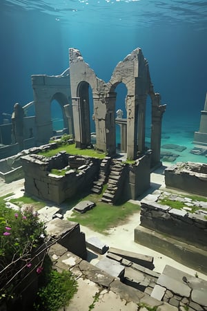 ancient ruins underwater, (in the distance, from afar), abyss,  highly detailed, photo realistic, realism, raw photo,