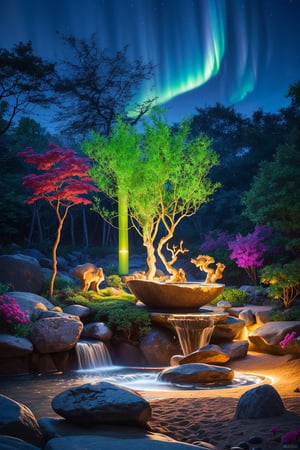 masterpiece, intricate detail, absurd, 4k,
a truly enchanting and magical scene. wonderful zen garden with green bamboo fountains and pebbles, sand, bonsai, transmits calm and relaxation, reconnection with the divinity, immersed in the otherworldly light of a vibrant neon aurora, creating a sense of wonder and mystery, winning photo, ,More Detail