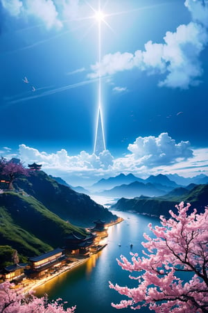 (ultra high res:1.4), (masterpiece), (beautiful lighting:1.4) , lush greenery and mountains, japanese buildings, thick fog in the valley, cherry trees blossoming, Bright sunlight illuminates the crystal-clear water, anime, beautiful sky with clouds, depth, chinese dragon flying,