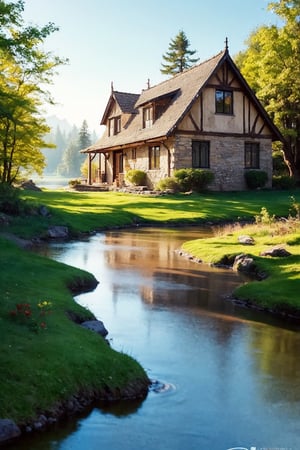 A masterpiece of perfection, 8k, detailed,
Painting using oil paints, backlit, ruleofthirds.
Warm tones. Warm hues.
(A stone house in a sunlit valley), surrounded by forest. A gentle stream meanders into the distance. Peaceful serenity.
(Watercolor dreaminess) 
soft watercolour, selective colour,
antique, intricate, detailed. elegant, decorative, nature-inspired, ornate, detailed, often on canvas, known for rich colors and flexible texture.