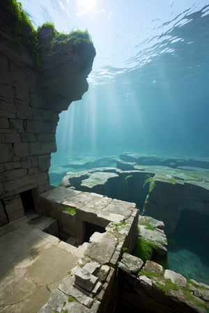 ancient ruins underwater, (in the distance, from afar), abyss,  highly detailed, photo realistic, realism, raw photo,