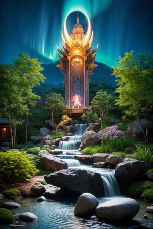 masterpiece, intricate detail, absurd, 4k,
a truly enchanting and magical scene. wonderful zen garden with green bamboo fountains and pebbles, sand, bonsai, transmits calm and relaxation, reconnection with the divinity, immersed in the otherworldly light of a vibrant neon aurora, creating a sense of wonder and mystery, winning photo, ,More Detail