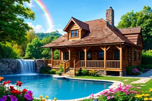 The wooden house by the pool under the small waterfall, the big waterwheel next to the wooden house, the faint rainbow and flowers by the water, medieval European style, sunny summer, realistic style, peak art, aesthetic, hyper detailed, super intricate, vibrant colors, vivid color,