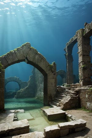 ancient ruins underwater, (in the distance, from afar), abyss,  highly detailed, photo realistic, realism, raw photo,