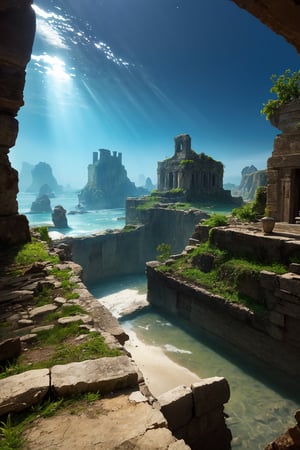 ancient ruins underwater, (in the distance, from afar), abyss,  highly detailed, photo realistic, realism, raw photo,