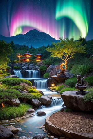 masterpiece, intricate detail, absurd, 4k,
a truly enchanting and magical scene. wonderful zen garden with green bamboo fountains and pebbles, sand, bonsai, transmits calm and relaxation, reconnection with the divinity, immersed in the otherworldly light of a vibrant neon aurora, creating a sense of wonder and mystery, winning photo, ,More Detail