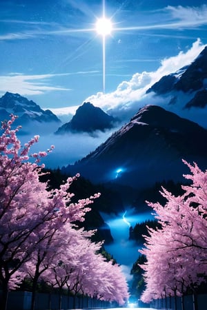 (ultra high res:1.4), (masterpiece), (beautiful lighting:1.4) , lush greenery and mountains, japanese buildings, thick fog in the valley, cherry trees blossoming, Bright sunlight illuminates the crystal-clear water, anime, beautiful sky with clouds, depth, chinese dragon flying,