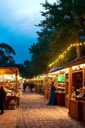 An image of a fairy market, as imagined from our conversation. This market is a whimsical and enchanting place, filled with vibrant colors and magical energy. The stalls are crafted from natural materials like leaves, flowers, and vines, blending seamlessly into the surrounding enchanted forest. The vendors are fairies, each with their unique appearance, selling a variety of magical items, from glowing potions and enchanted jewelry to mystical artifacts and rare ingredients. The air is filled with the soft glow of fairy lights, the tinkling of delicate music, and the flutter of fairy wings. The atmosphere is joyful and lively, with fairies and other mystical creatures mingling and trading in good spirits. The background is a lush, magical forest, with towering trees and a canopy that filters the sunlight into a kaleidoscope of colors, creating a dreamlike and otherworldly ambiance,