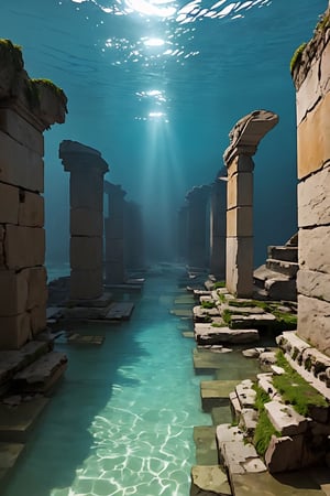 ancient ruins underwater, (in the distance, from afar), abyss,  highly detailed, photo realistic, realism, raw photo,