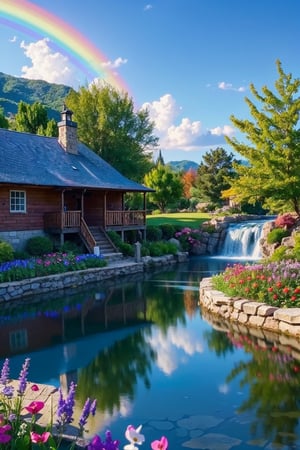 The wooden house by the pool under the small waterfall, the big waterwheel next to the wooden house, the faint rainbow and flowers by the water, medieval European style, sunny summer, realistic style, peak art, aesthetic, hyper detailed, super intricate, vibrant colors, vivid color,