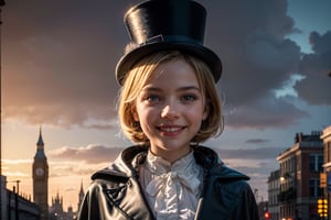 streets of london in a dusty mystic night, a super cute eleant girl pixar style, bright intense eyes, dressed with velvet cloak and top hat, daring smile,delicate and fine, fairy tales, incredibly high detailed, pixar style, bright color , natural light, simple background with pure color,5 and octane render, trending on artstation, gorgeous,ultra wide angle, 8k,hd realistic, 8k hd,mobile pictures, v 4 q 2 2
