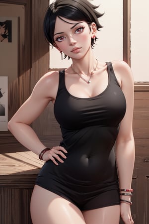 photo of a woman wearing a (red tank top:1.2), stunning, gorgeous woman, girl boss, jewelry, earrings, necklace, sexy attire, short black hair, looking at viewer, Realism, VFX, Volumetric Lighting, Volumetric Light, Volumetric, Natural Lighting, high details, detailed and intricate, intricate details, high intricate details, absurd amount of details, absurdres, high resolution, Single Shot, Shallow Focus, Lips, Bracelet, Charm, Band, Wrist, Necklace, Chain, Neck, Full-body shot of Sarada Uchiha from Boruto anime, posing sensual, with alluring expression