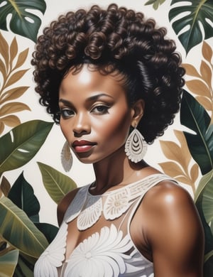 "Craft a stunning 4K watercolor painting depicting the grace of an African woman. Concentrate on intricate details, showcasing her deep black, short, curly hair, and a luminous white dress. The composition should offer a frontal, close-up view of her face. Aim for extreme details reminiscent of artists like Kehinde Wiley, Mary Whyte, and Wangechi Mutu."

