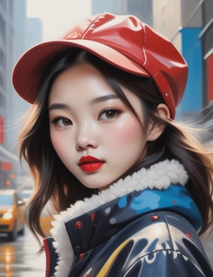 "Immerse the canvas in the vibrant energy of a 15-year-old Chinese girl in a lively splash painting. Capture the dynamic details of her fair complexion, full lips adorned with red lipstick, and the essence of her wearing a cold weather jacket in a chilly city during a trip. Craft a close-up of her face to emphasize the vividness of her features. Draw inspiration from splash artists like Sam Francis, Holton Rower, and Hua Tunan, known for their ability to infuse life and movement through bold use of color."

