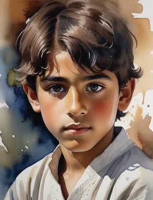 Create a mesmerizing watercolor splash artwork on canvas featuring a 15-year-old Arab boy. His skin tone is pale, eyes a rich chestnut brown, and his short, wavy hair adds character. Capture a close-up of his face with utmost intricacy and superior quality, ensuring the details are extreme. Incorporate the emotive style reminiscent of John Singer Sargent, the vibrant dynamism of Winslow Homer, and the soulful expressiveness found in the works of Z.L. Feng.

