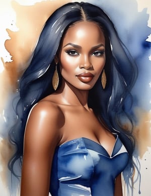 Create a stunning watercolor painting of a beautiful African woman. Emphasize her luscious, full lips, long sleek black hair with a caramel tint, and radiant dark skin. She should be portrayed wearing a shimmering blue gown. Ensure a frontal view with a close-up of her face. Capture the essence of her beauty with the finest details in the aquarelle technique.,photorealistic