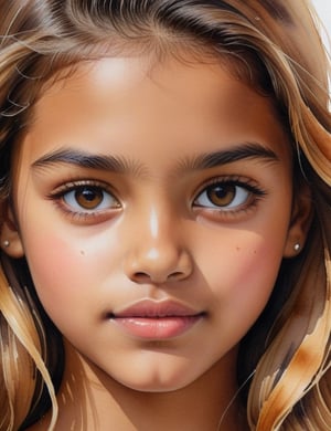 Create a detailed watercolor painting capturing the essence of a 17-year-old Spanish girl. Emphasize her caramel skin tone, short, straight, blonde hair, and focus on a close-up of her face.

