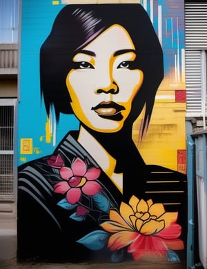 "Create a vibrant wall graffiti portraying a beautiful 20-year-old Asian woman. Capture the urban modernity with her fair complexion, short blonde hair, and the dazzling black shiny dress she wears. Focus on a close-up of her face, bringing out the lively expression. Draw inspiration from graffiti artists like Banksy, Os Gêmeos, and Shepard Fairey, known for their ability to infuse energy and vibrancy into urban settings through impactful and visually striking works."

