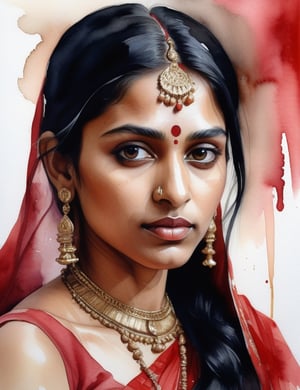 "Create a mesmerizing 4K watercolor painting capturing the exquisite beauty of an Indian woman. Focus on intricate details, portraying her caramelo skin tone, long straight black hair, and a radiant red dress. The composition should be a frontal, close-up view of her face. Ensure the final artwork reflects the level of detail seen in works by artists like John Singer Sargent, Agnes Cecile, and Raja Ravi Varma."

