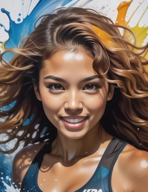 "Create a dynamic splash painting portraying a 20-year-old Uruguayan woman. Capture the dynamic details of her slightly round face, voluminous body, and long, caramel-colored, curly hair as she wears gym attire. The splash effect should emphasize the vibrant energy. Focus on a close-up of her face with expressive detailing. Draw inspiration from artists like Hua Tunan, David Walker, and Iris Scott, known for their mastery in dynamic and expressive splash paintings."

