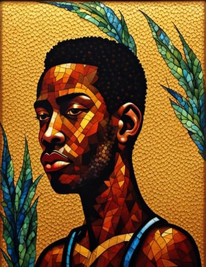 "Craft a radiant glass painting portraying a 20-year-old African man. Highlight the luminous details of his dark black complexion, full lips, short and typical African hairstyle, and the crown on his head. Emphasize the absence of a shirt to showcase his strong muscles. Create a close-up with extreme detailing in the glass painting style. Draw inspiration from artists like Marc Chagall, Tiffany Studios, and Cinta Vidal, known for their ability to blend vibrant details and create expressive works in the style of stained glass."

