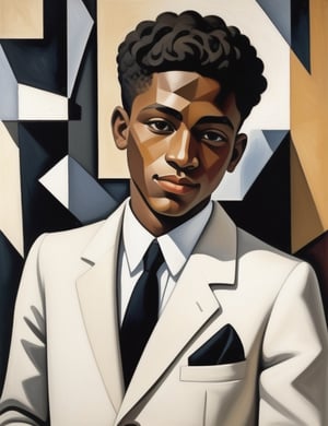 "Create an abstract cubist painting portraying a 15-year-old African boy. Utilize fragmented geometric shapes to capture the essence of his light brown complexion, short and curly hair, and the classic white suit he wears. Focus on a close-up of his face with a joyful smile. Draw inspiration from cubist artists like Pablo Picasso, Georges Braque, and Juan Gris, known for their ability to convey depth and emotion through fractured forms."

