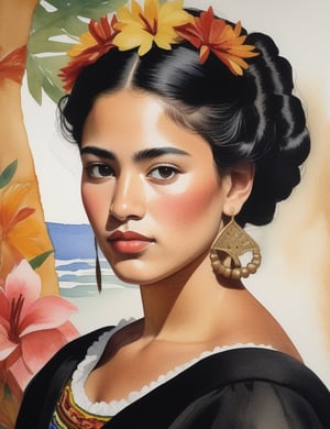 "Craft an exquisite 4K watercolor painting portraying the allure of a Mexican woman. Pay meticulous attention to details, depicting her warm, bronzed complexion, short, curly black hair, and a simple black dress. The composition should feature a frontal, close-up view of her face. Strive for extreme details inspired by artists like Diego Rivera, Frida Kahlo, and Winslow Homer."

,photorealistic