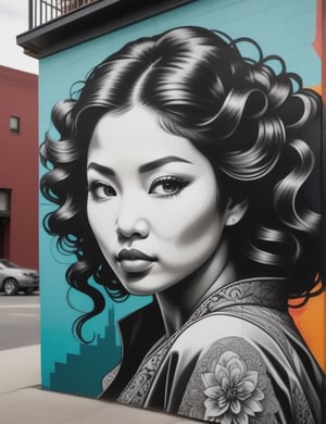 Create an intricate graphite artwork on an urban wall, portraying a 30-year-old Asian woman with curly, black hair. Focus on a close-up of her face, intricately capturing details in the style of urban wall art. Draw inspiration from the intricate details and expressiveness in urban art by Banksy, the richness of details and vibrant colors in the works of Obey Giant, and the fusion of realism and abstraction in the urban creations of Swoon. Craft a superior graphite mural that seamlessly blends these influences into an outstanding portrayal.

