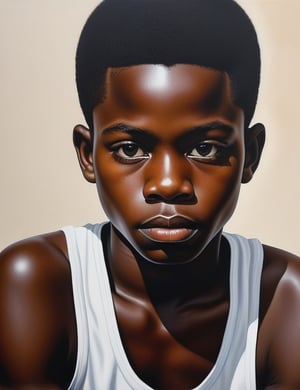 Create a powerful watercolor artwork on canvas featuring a 15-year-old African boy. Highlight his deep black skin tone and tightly curled, close-cropped hair in a close-up of his face. Infuse expressive details reminiscent of Kadir Nelson's emotionally charged watercolor techniques, ensuring superior quality and extreme attention to facial features. Capture the impactful style seen in Toyin Ojih Odutola's portraits for a unique blend of intensity and storytelling, drawing inspiration from the powerful realism of Donte McAdams to deliver a compelling and detailed artistic representation.

