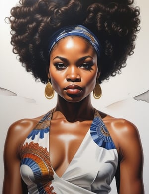 "Craft a stunning 4K watercolor painting depicting the grace of an African woman. Concentrate on intricate details, showcasing her deep black, short, curly hair, and a luminous white dress. The composition should offer a frontal, close-up view of her face. Aim for extreme details reminiscent of artists like Kehinde Wiley, Mary Whyte, and Wangechi Mutu."

