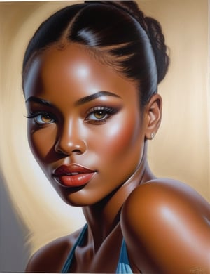 Create an exquisite oil painting featuring a beautiful African woman. Emphasize the richness of her ebony skin, using intricate brushwork to capture its depth. Highlight her voluptuous figure, with a focus on generously proportioned breasts and full, luscious lips. Depict her long, smooth, blonde hair with meticulous attention to detail. Dress her in stylish workout attire, showcasing the interplay of light and shadows on the fabric. Provide a close-up of her face, bringing out the expressive details of her eyes, nose, and lips. The oil painting should exude a sense of elegance and beauty, blending realism with artistic flair.

