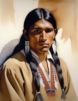 "Create a watercolor painting portraying a 20-year-old Native American man from North America. Capture the serenity of his light brown complexion, long black hair, and the authenticity of his traditional Native American attire in a close-up of his face. Emphasize the cultural details with respect and precision. Draw inspiration from watercolor artists like Charles Demuth, John Singer Sargent, and Agnes Goodsir, known for their ability to convey depth and serenity in portraits."

