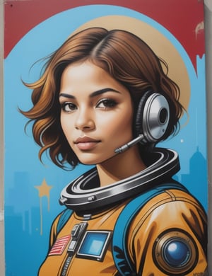 "Craft an urban graffiti artwork portraying a stunning 20-year-old Mexican woman. Capture the vibrancy of her light brown complexion and the allure of her short, caramel-colored, slightly wavy hair. She wears a space suit, and the artwork should focus on a frontal, close-up view of her face. Draw inspiration from graffiti artists like Banksy, Os Gêmeos, and Shepard Fairey, known for their ability to create impactful and visually striking works in urban settings."

