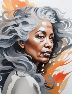 Create an intricate gouache painting artwork, portraying a 55-year-old Brazilian woman with wavy and voluminous gray hair. Focus on a close-up of her face, intricately capturing details in the style of gouache painting. Draw inspiration from the intricate details and expressiveness in gouache paintings by Agnes Cecile, the softness and color harmony in gouache works by Chloe Giordano, and the technique and realism in gouache paintings by Marco Mazzoni. Craft a superior gouache painting that seamlessly blends these influences into an outstanding portrayal.

