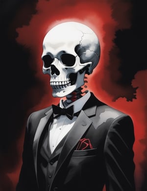 Create a haunting black and white watercolor artwork featuring a skeleton adorned in a black suit. The scene should be set in a dimly lit, ominous environment, with a red aura emanating from the skeleton. Pay careful attention to intricate details, capturing the interplay of shadows and highlights to enhance the eerie atmosphere. The skeleton's attire and the red aura should evoke a sense of mystery and darkness.

