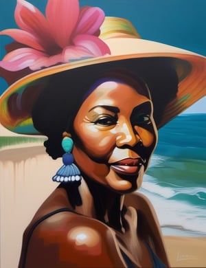 "Capture the timeless elegance of a 60-year-old Nigerian woman in a vibrant splash painting. Infuse the canvas with the dynamic details of her dark ebony complexion, straight yet curly caramel-colored hair, and the serene scene of her wearing a beach hat on the seashore. Create a close-up of her face, emphasizing the richness of her features. Draw inspiration from splash artists like Sam Francis, Holton Rower, and Hua Tunan, known for their ability to evoke emotion and depth through the bold use of color."

