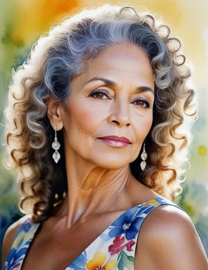 Create a mesmerizing watercolor portrait of an elegant Brazilian woman in her 50s. Capture the intricate details of her sun-kissed, moreno skin and gracefully graying, curly hair. The focus should be a close-up of her face adorned in a floral dress. Achieve a superior quality depiction, emulating the styles of Mary Whyte, Joseph Zbukvic, and Lorraine Watry.

