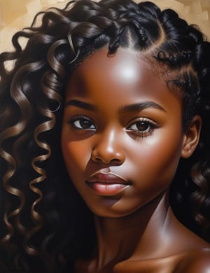 Create a compelling canvas artwork using a brush, featuring a 15-year-old girl from Mozambique. Capture the intricate details of her deep black skin tone and her tightly coiled, dry curls. The composition should focus on a close-up of her face, emphasizing the unique texture of her hair and the richness of her complexion. Utilize meticulous brushwork to convey the subtleties of her features, ensuring a lifelike and expressive portrayal.

